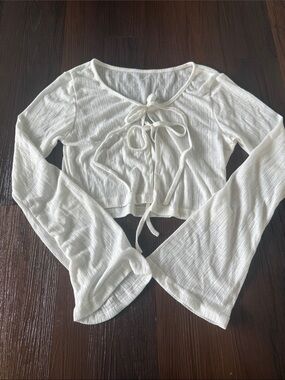 White Ribbed Tie-Front Long Sleeve Sheer Crop Top
